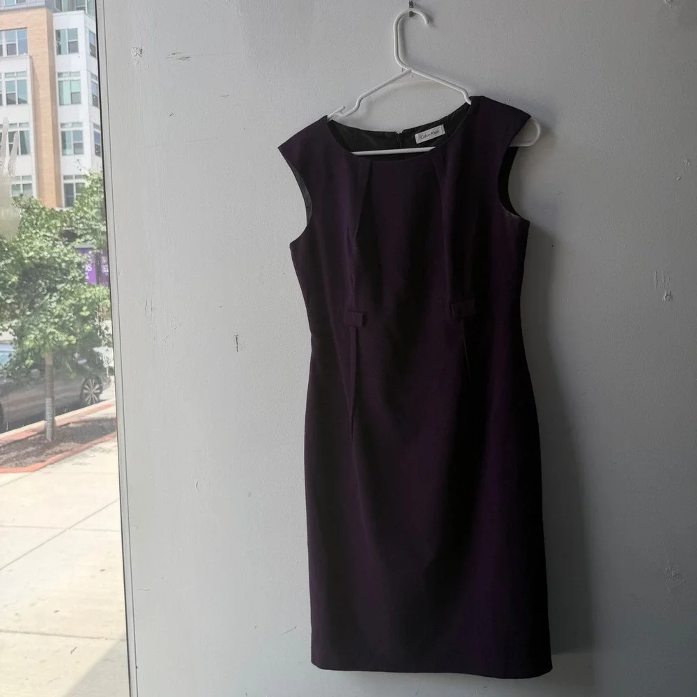 Calvin Klein Women Purple Sleeveless Pleated Sheath Dress Career Cocktail Size 6